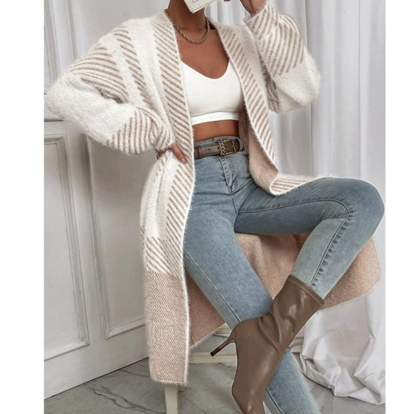 Tan Striped Pattern Fuzzy Duster Knit Sweater Cardigan - Picture 1 of 6